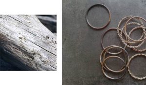 Texturas wabi-sabi de la corteza de un arbol en el mar fotografía por Cintia Barragán y textura y colores de anillos despues de soldar